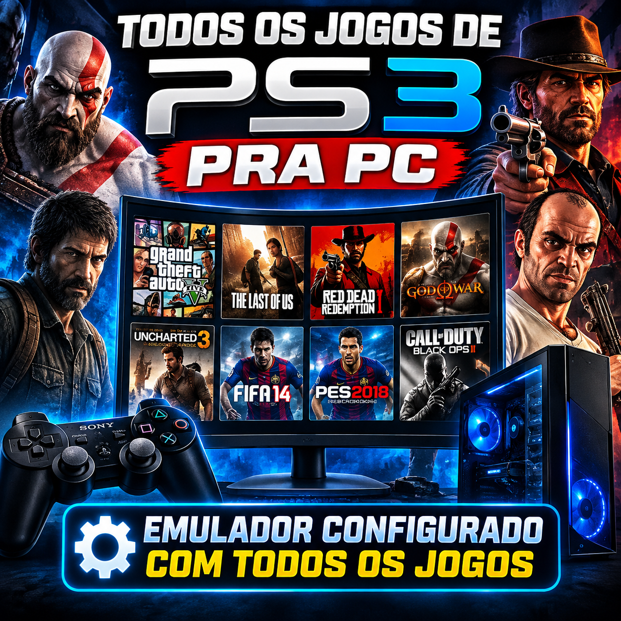 Arte promocional do pacote com todos os jogos de PS3 para PC, com um monitor mostrando capas de jogos, controle e computador