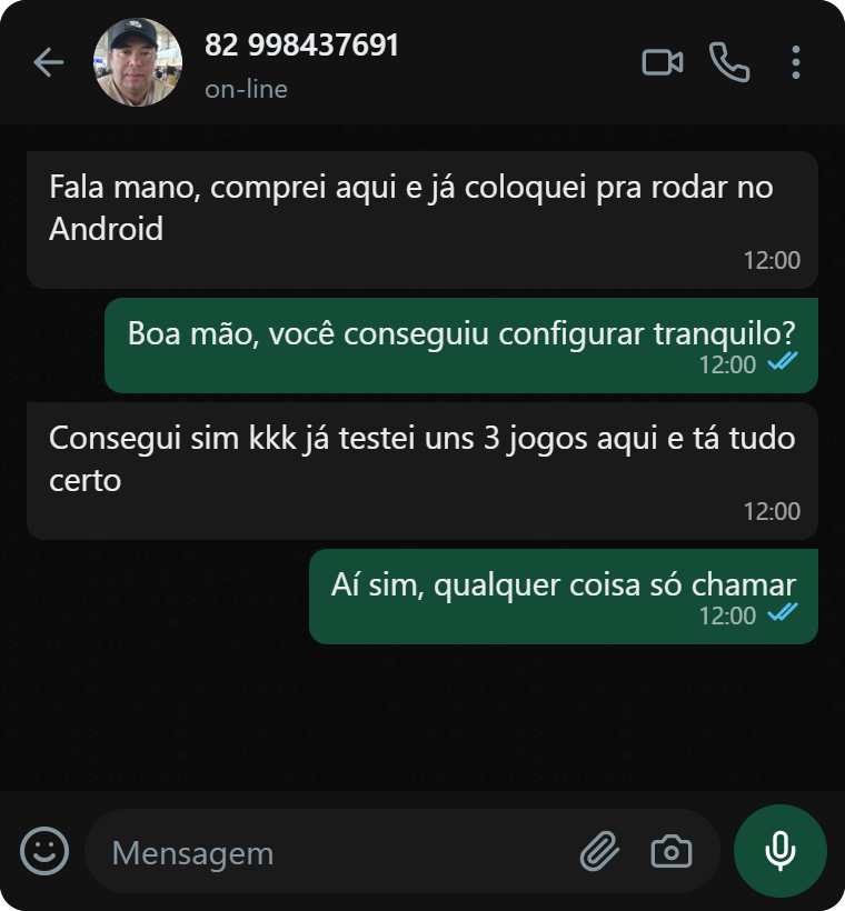 Print de conversa no WhatsApp de cliente dizendo que comprou e já colocou os jogos para rodar no Android